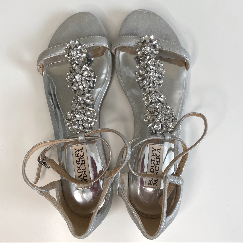 Badgley Mischka Silver Grey Flat Crystal Jewel Sandals